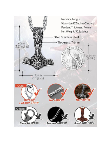 Collar Talisman Martillo de Thor FaithHeart Acero Inoxidable 55.88 cm