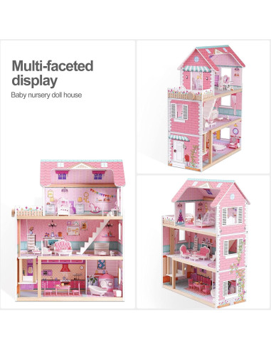 Casa de Muñecas de Madera ROBOTIME con 24 Piezas Rosa