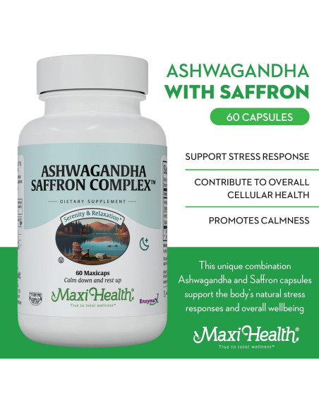 Suplemento Ashwagandha y Azafrán Maxi Health 600mg 60 Cápsulas Suplemento Ashwagandha y Azafrán Maxi Health 600mg 60 Cápsulas