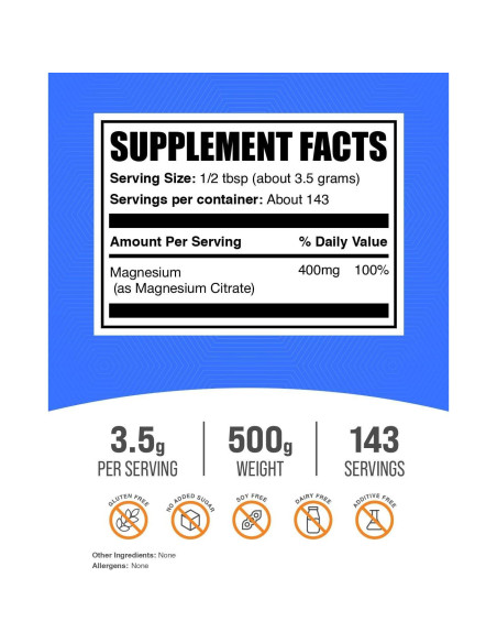 Polvo de Citrato de Magnesio BulkSupplements 400mg 500g Polvo de Citrato de Magnesio BulkSupplements 400mg 500g