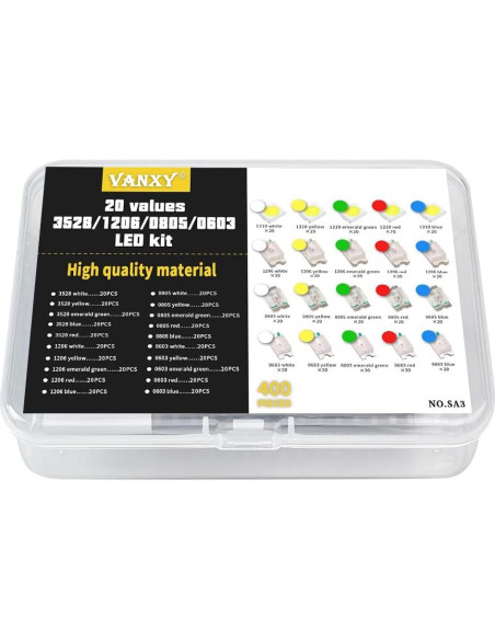 Kit de 400 LEDs SMD 20 tipos 1210 1206 0805 0603 VANXY Kit de 400 LEDs SMD 20 tipos 1210 1206 0805 0603 VANXY