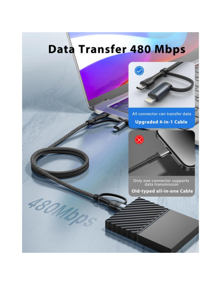 Cable de carga 4 en 1 XUDUO 0.91m USB C Lightning 60W Cable de carga 4 en 1 XUDUO 0.91m USB C Lightning 60W