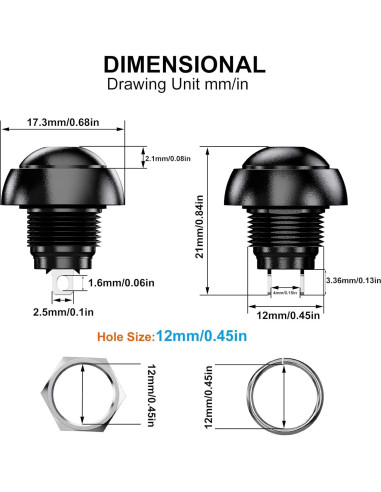 Interruptor Momentáneo Impermeable DIYhz 12mm 14 Pcs Rojo Negro