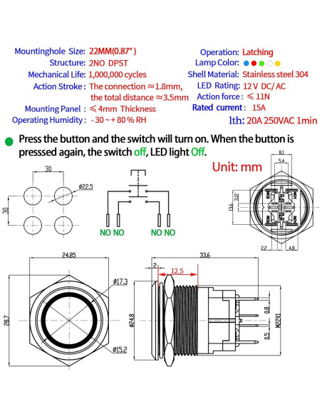 Interruptor de Botón de Presión ZJWZJH 15A 12V IP67 Acero Inoxidable Interruptor de Botón de Presión ZJWZJH 15A 12V IP67 Acero Inoxidable