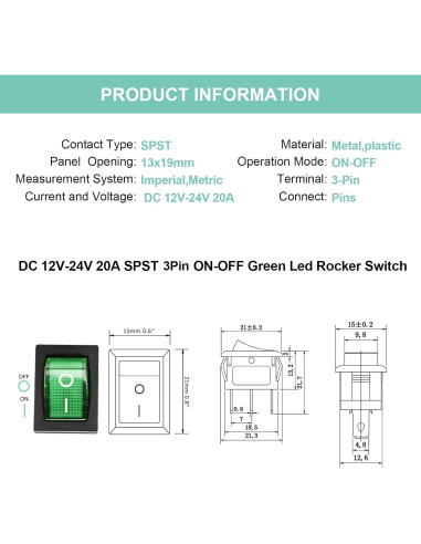 Interruptor de Palanca QTEATAK KCD1 3 Pines LED Verde 20A