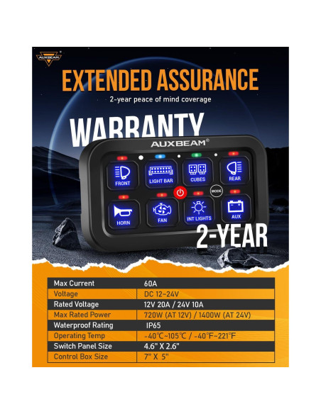 Panel de Interruptores Auxbeam RB80 RGB 8 Gang 60A Impermeable Panel de Interruptores Auxbeam RB80 RGB 8 Gang 60A Impermeable