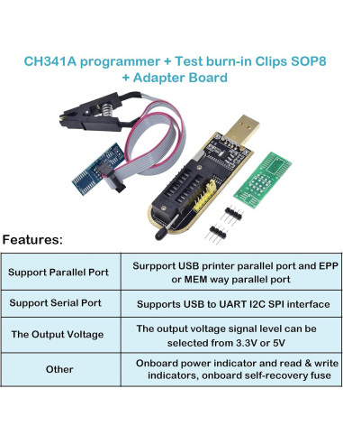 Programador USB CH341A Geekstory + Clip SOIC8 para EEPROM