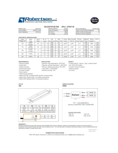 Balasto Electrónico Fluorescente Robertson ISU232T8120 32W 120V