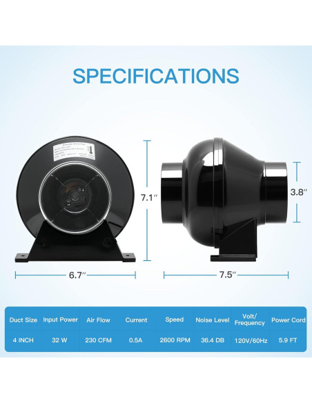 Ventilador de Conducto iPower 10 cm 230 CFM Silencioso Ventilador de Conducto iPower 10 cm 230 CFM Silencioso