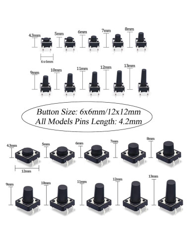 Kit de 250 Interruptores Táctiles 4 Pines TWTADE 6-13mm