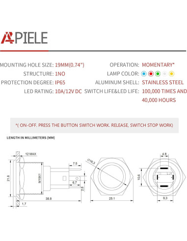 Interruptor Momentáneo LED 10A 19mm APIELE Acero Inoxidable Azul