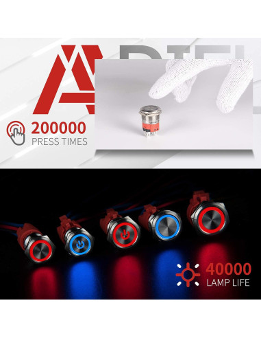Interruptor Momentáneo LED 10A 19mm APIELE Acero Inoxidable Azul