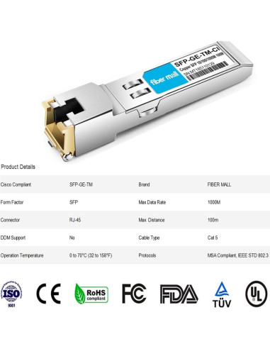 Transceptor SFP-T Fiber Mall 10/100/1000Base-T RJ45 100m