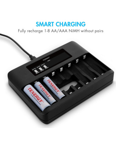 Cargador Rápido Tenergy TN480U con 8 Baterías Recargables AA AAA