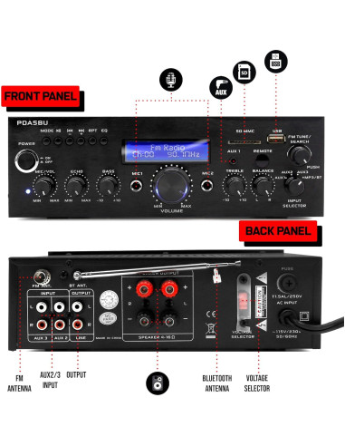 Amplificador Estéreo Bluetooth Pyle PDA5BU.5 200W USB AUX FM