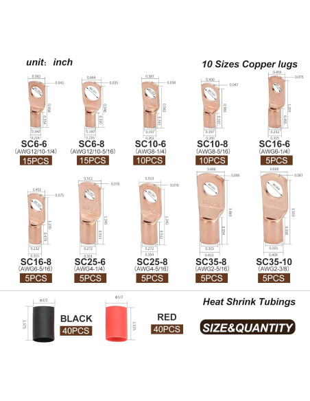 Terminales de Cobre Engrosados DTLDZSC 160 Pcs AWG 2-12 Terminales de Cobre Engrosados DTLDZSC 160 Pcs AWG 2-12
