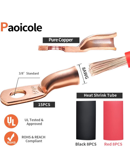 Conectores de terminal de batería Paoicole 8 AWG con tubos termocontraíbles Conectores de terminal de batería Paoicole 8 AWG con tubos termocontraíbles