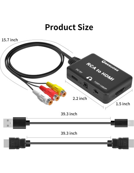 Convertidor RCA a HDMI Oassuoes 1080P para PS, Wii, Xbox Convertidor RCA a HDMI Oassuoes 1080P para PS, Wii, Xbox
