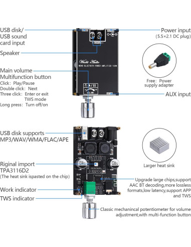 Amplificador Mono Bluetooth ARRAROWN ZK-1001B 100W TWS