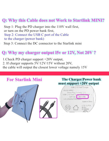 Cable de Alimentación USB-C a DC 20V 5A para Starlink Mini