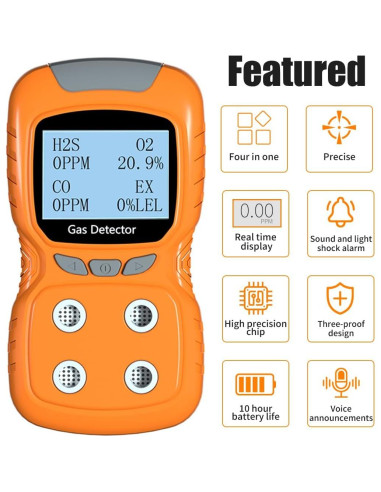 Detector de Gas Portátil HAOKESITE HLT840 4 Gases Alarma Voz