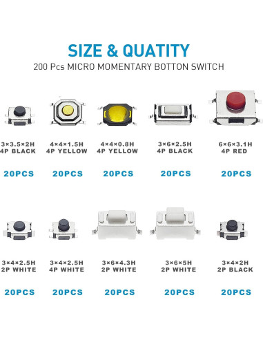 Kit de 200 Interruptores Táctiles Micro Momentáneo QTEATAK