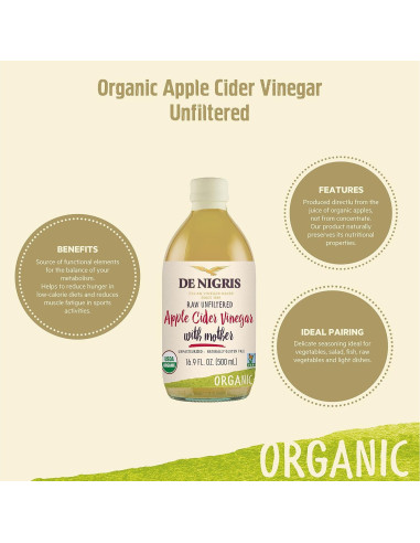 Vinagre de Sidra de Manzana Orgánico De Nigris 500ml - Crudo y Sin Filtrar