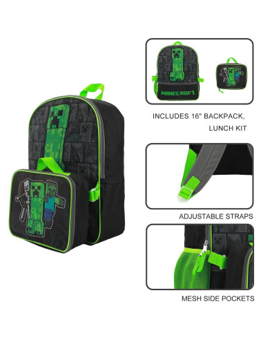 Mochila y caja de almuerzo Minecraft para niños - Verde y negro