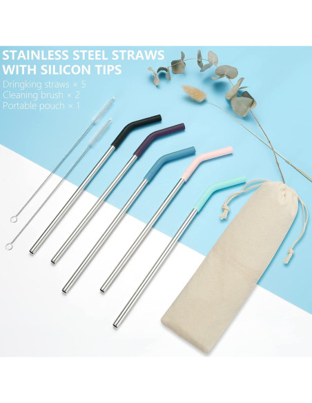 Conjunto de 5 Pajitas de Acero Inoxidable Senneny con Puntas de Silicona Conjunto de 5 Pajitas de Acero Inoxidable Senneny con Puntas de Silicona