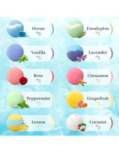 Juego de 50 Bombas de Baño TranquilBliss con 10 Aromas
