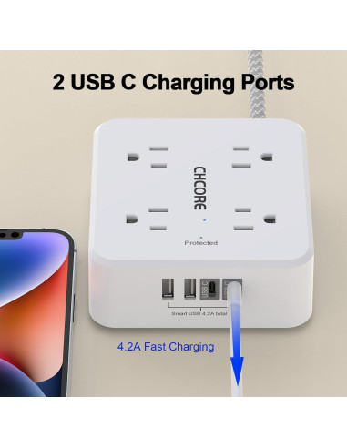 Regleta de Protección CHCORE 8 Salidas 4 USB 5 Pies Blanca