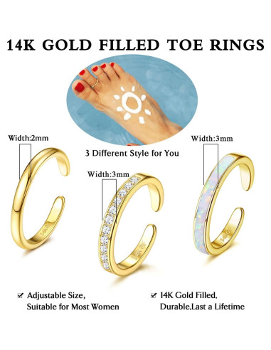 Juego de 3 Anillos de Dedo Oro 14K Ajustables Jstyle
