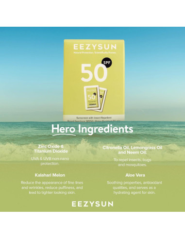 Protector Solar SPF 50 y Repelente EEZYSUN - 10 Paquetes de 7.95 ml