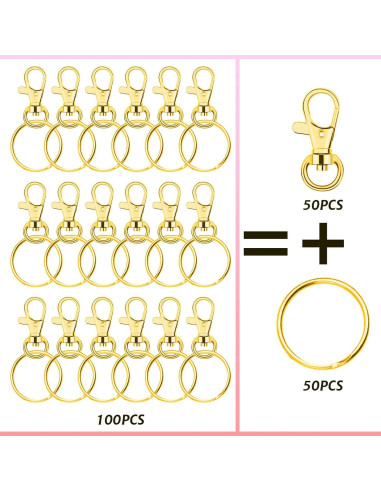 Kit de 100 Anillos y Ganchos de Llavero Paxcoo Dorados