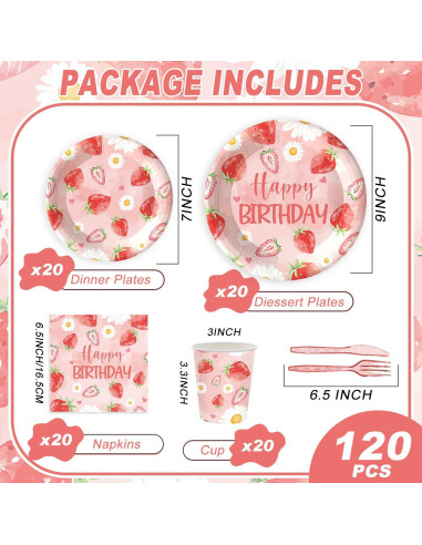 Kit de Fiesta Temática de Fresa 120 Piezas para 20 Invitados