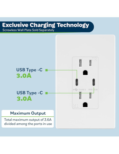 Toma de Pared USB C 2 Puertos 3.6A TOPGREENER Blanco - 2 Pcs