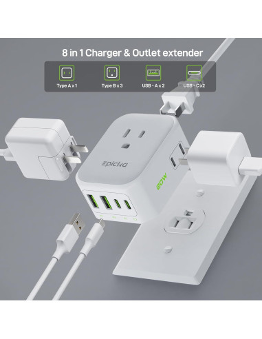 Cargador de Pared Epicka 8 Salidas con 4 USB C 20W Blanco