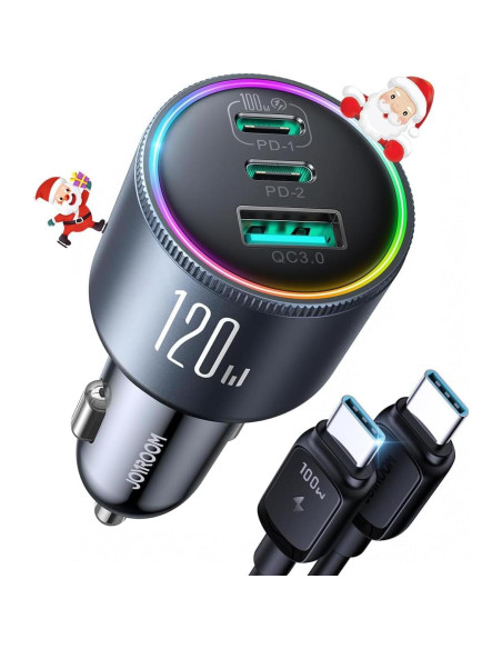 Cargador de Coche JOYROOM 120W USB C 3 Puertos Carga Rápida Cargador de Coche JOYROOM 120W USB C 3 Puertos Carga Rápida