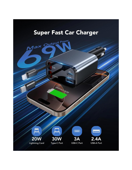 Cargador de coche retráctil 69W CSODINCE 4 en 1 USB C/A Cargador de coche retráctil 69W CSODINCE 4 en 1 USB C/A