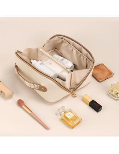 Bolsa de Maquillaje Prite Mediana Beige Impermeable de Cuero Vegano