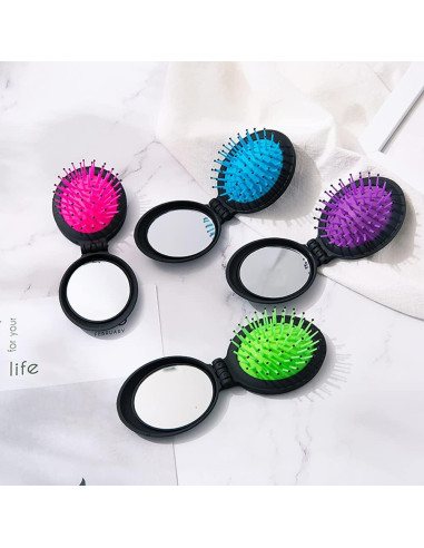 Mini Cepillo de Cabello Plegable NuAngela con Espejo - 2 Unidades