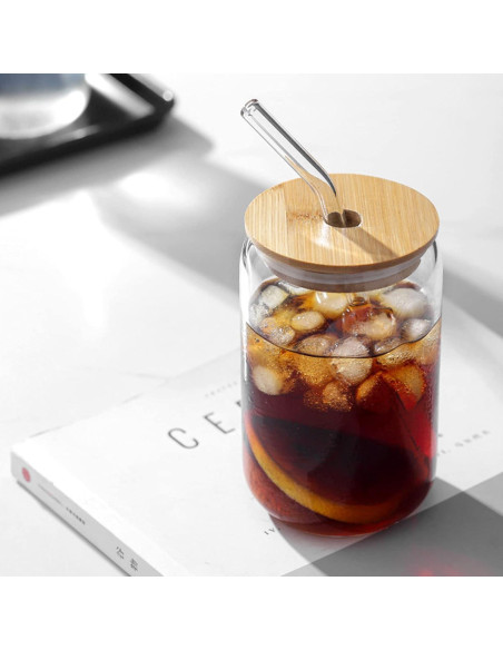 Set de 2 Vasos de Vidrio 16 oz con Tapa de Bambú y Popote WISIMMALL Set de 2 Vasos de Vidrio 16 oz con Tapa de Bambú y Popote WISIMMALL