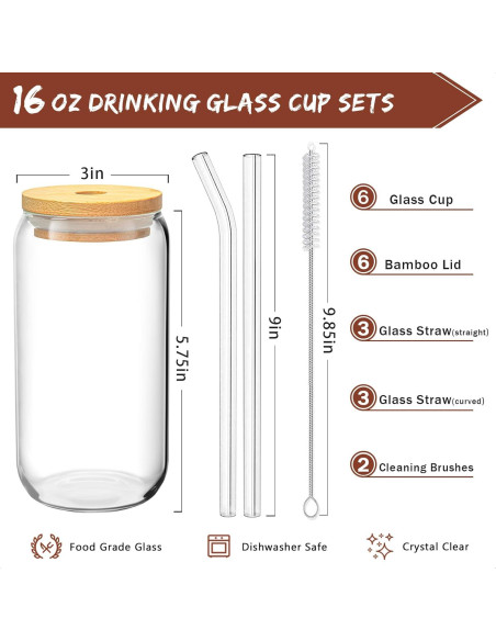 Juego de 6 Vasos de Vidrio 16 Oz con Tapas de Bambú y Pajitas Juego de 6 Vasos de Vidrio 16 Oz con Tapas de Bambú y Pajitas