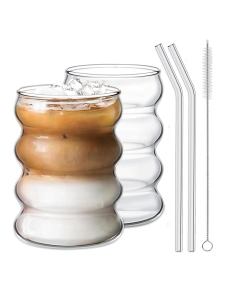 Juego de 2 Vasos de Vidrio Ework4U 414ml con Pajillas Juego de 2 Vasos de Vidrio Ework4U 414ml con Pajillas