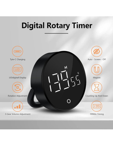 Temporizador de Cocina Digital ZEUSORA F7 Recargable USB 199 Min