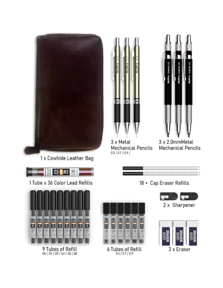 Conjunto de Lápices Mecánicos Nicpro 30 Piezas Estuche Cuero Conjunto de Lápices Mecánicos Nicpro 30 Piezas Estuche Cuero
