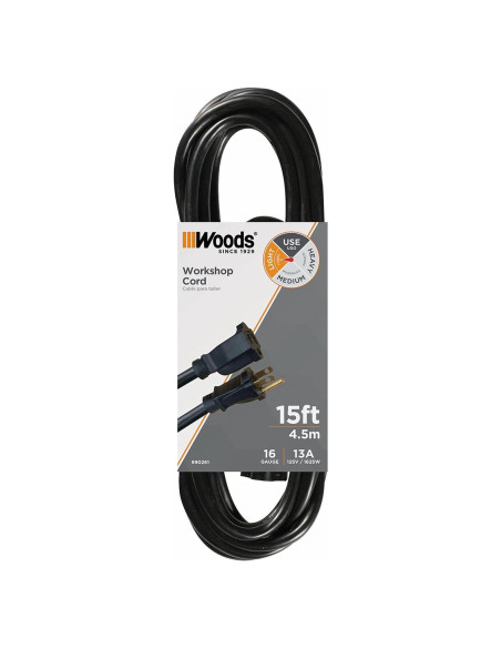 Cable de Extensión Woods 4.57m Negro 16/3 SJTW para Exterior Cable de Extensión Woods 4.57m Negro 16/3 SJTW para Exterior