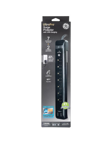 Protector de Sobretensiones GE 7 Enchufes 2 USB 1.22 m Negro