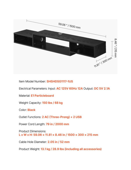 Soporte de TV Flotante VEVOR 150 cm con Salidas de Energía y USB Soporte de TV Flotante VEVOR 150 cm con Salidas de Energía y USB