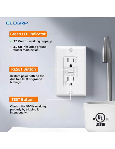 Toma de Corriente GFCI Exterior ELEGRP 15A Blanca con Auto-Prueba Toma de Corriente GFCI Exterior ELEGRP 15A Blanca con Auto-Prueba